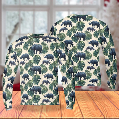 Rhino and Monstera Leaf Pattern Sweatshirt – Tropical 3D All Over Print Design