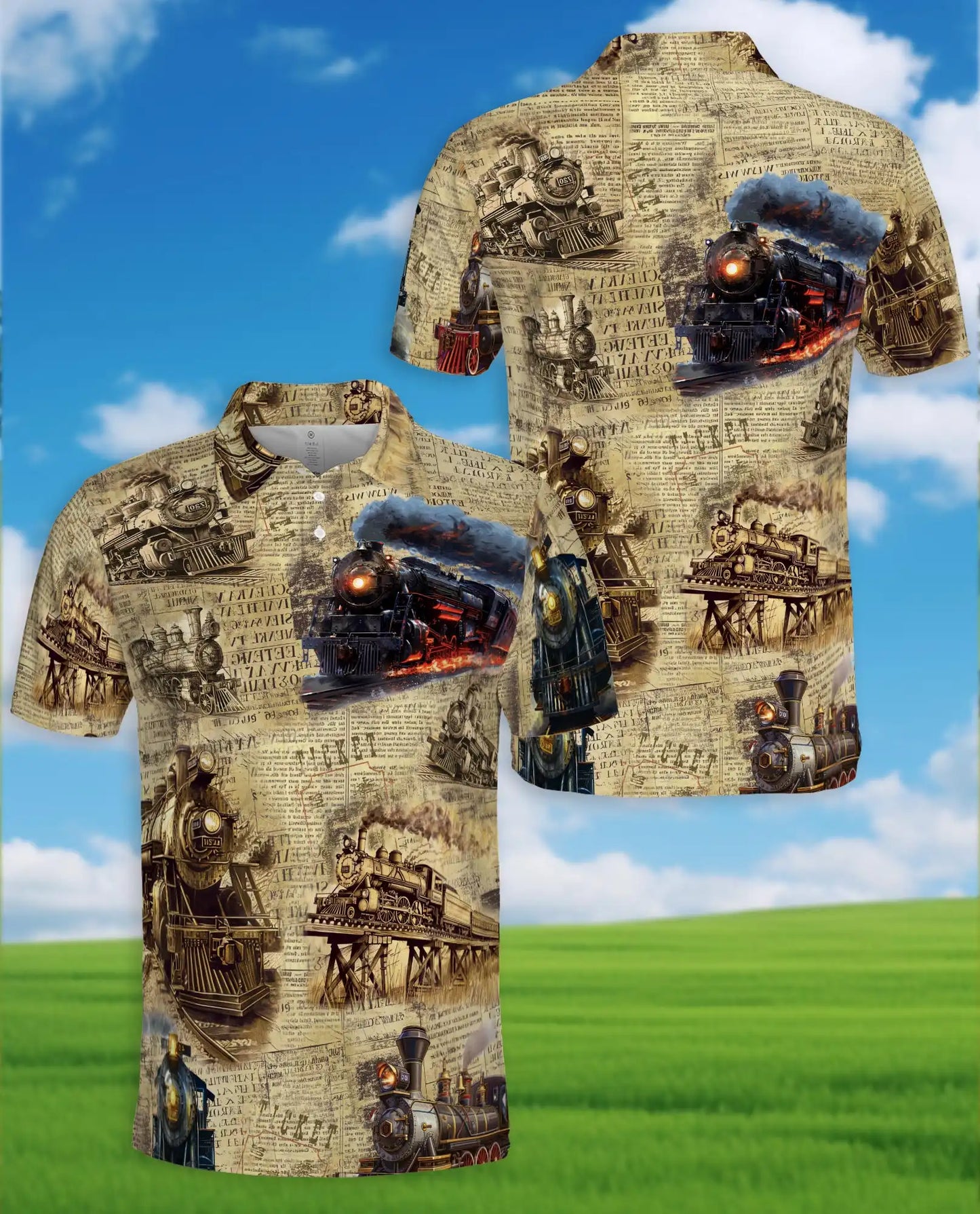 Vintage Train Polo Shirt for Men, Steam Locomotive Art | Azhawaiian