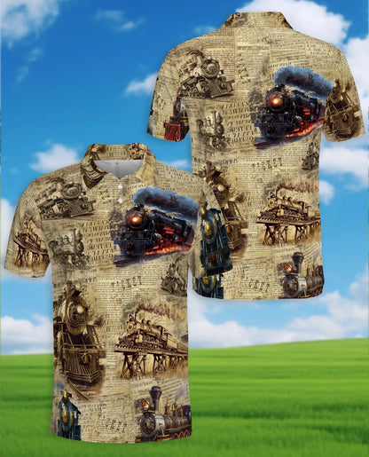 Vintage Train Polo Shirt for Men, Steam Locomotive Art | Azhawaiian