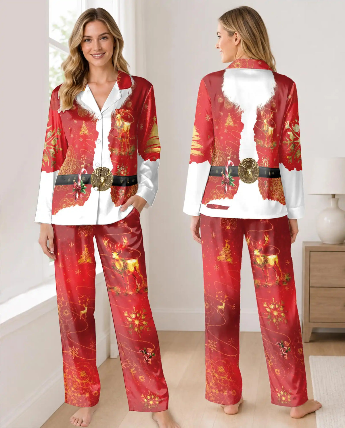 Santa Claus Christmas Pajama Set for Women, Holiday Satin Sleepwear