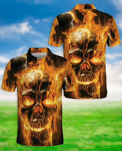 Flaming Skull 3D Polo Shirt for Men, Dark Gothic Fire Style | Azhawaiian