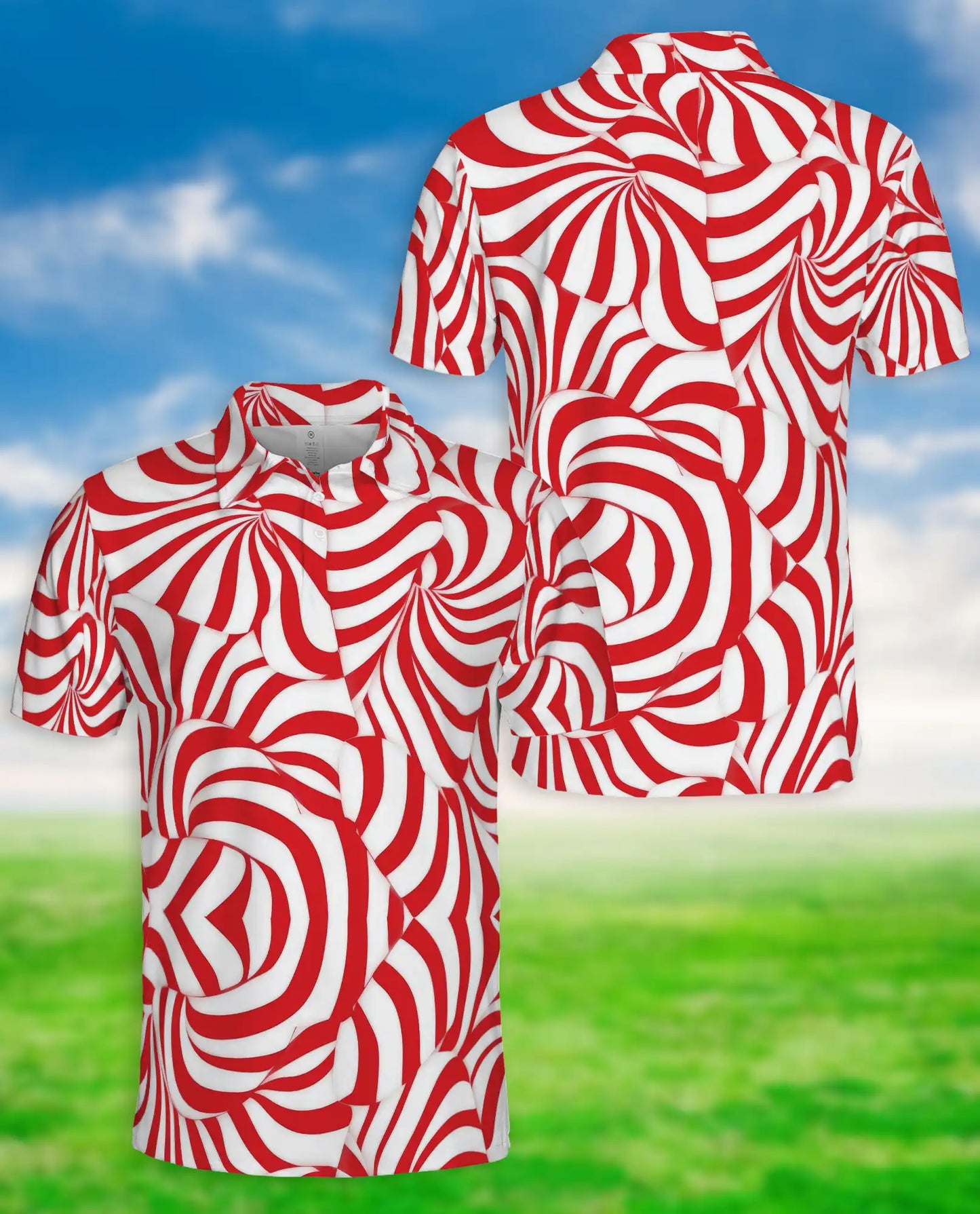 Red Swirl Polo Shirt, Abstract Optical Print | Azhawaiian