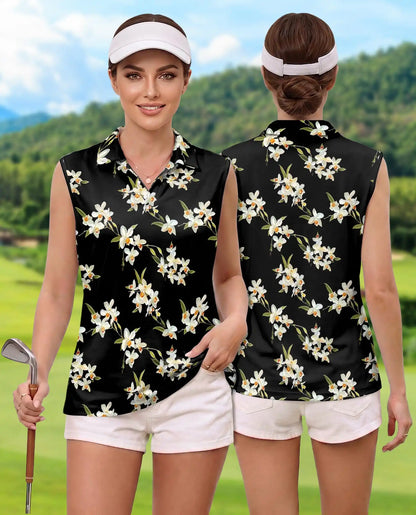 White Orchid Print Sleeveless Polo Shirt for Women, Elegant Floral Style | Azhawaiian