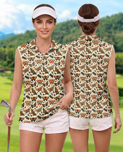 Antique Butterfly Chart Pattern Sleeveless Polo Shirt for Women | Azhawaiian