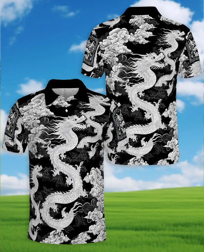 White Asian Dragon Polo Shirt for Men - Black Oriental Dragon Art | Azhawaiian