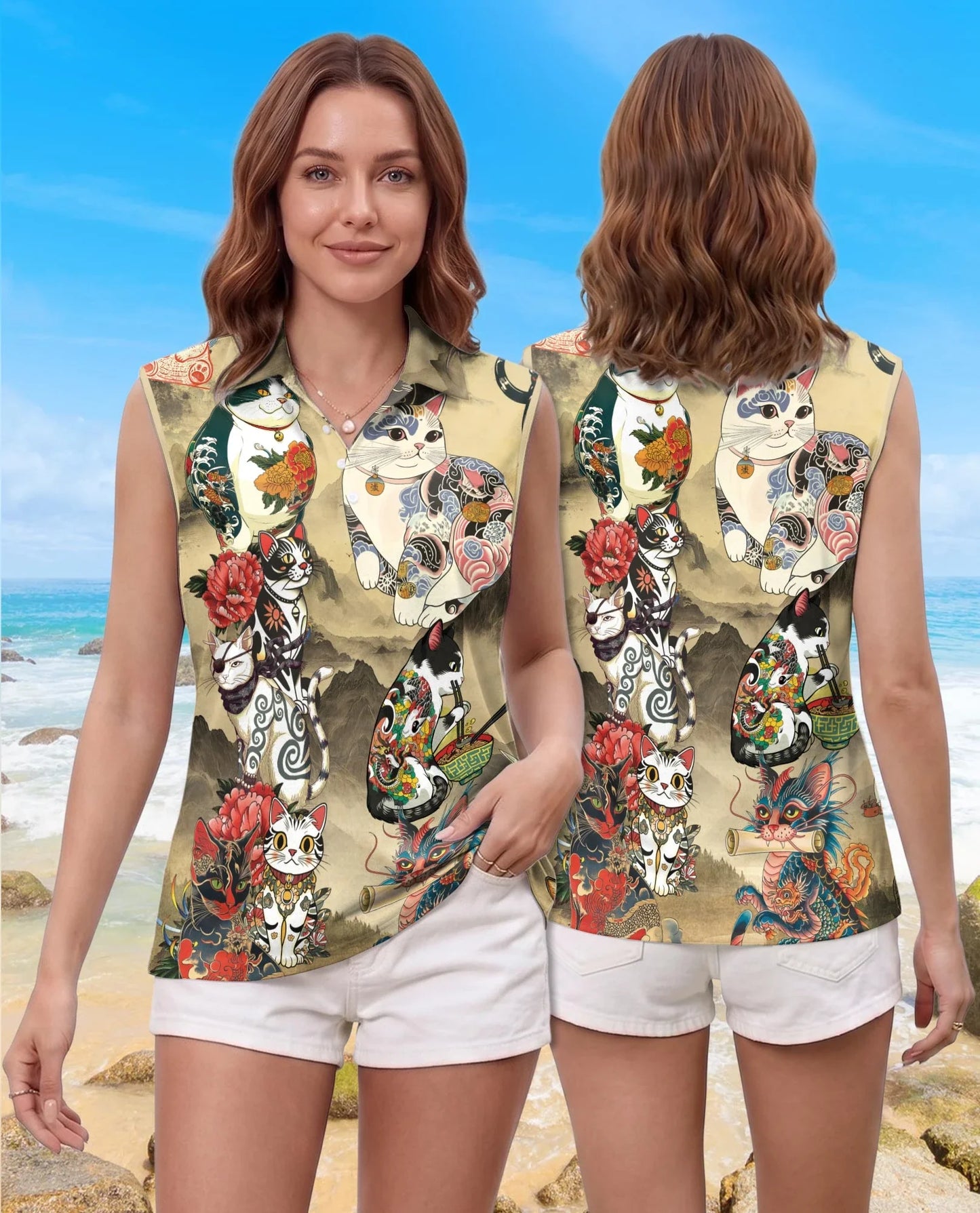 Japanese Cat Tattoo Sleeveless Polo Shirt for Women | Azhawaiian