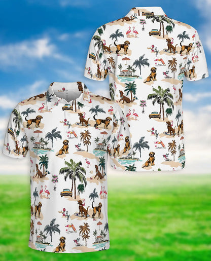 Golden Retriever Beach Polo Shirt, Tropical Island Print | Azhawaiian