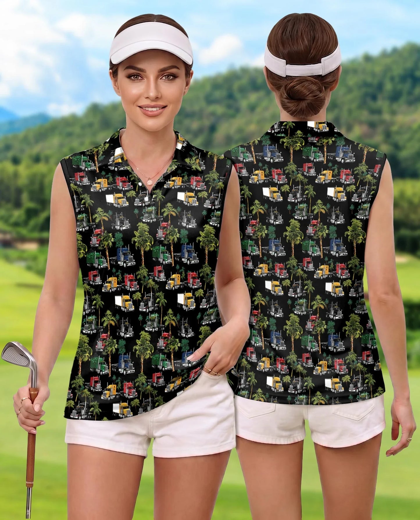 Semi Truck and Palm Tree Print Sleeveless Polo Shirt for Women | Azhawaiian