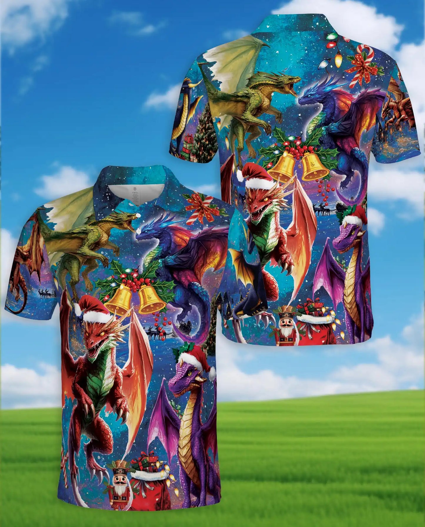 Christmas Dragon 3D Polo Shirt for Men, Fantasy Holiday Winter Style | Azhawaiian