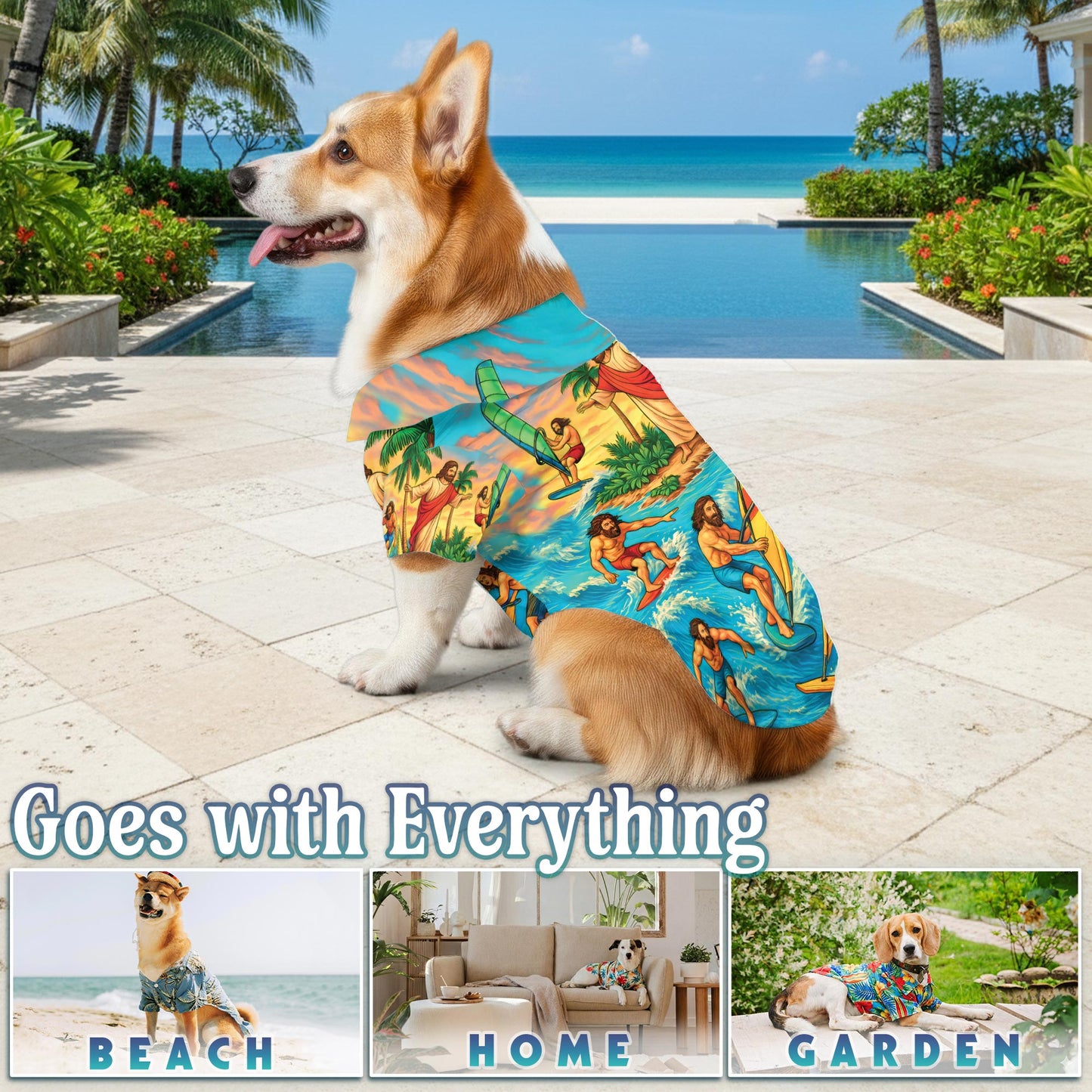 Jesus Surfing Matching Dog Owner Hawaiian Shirts, Funny Pet Aloha Shirt for Beach Vacation - Azhawaiian