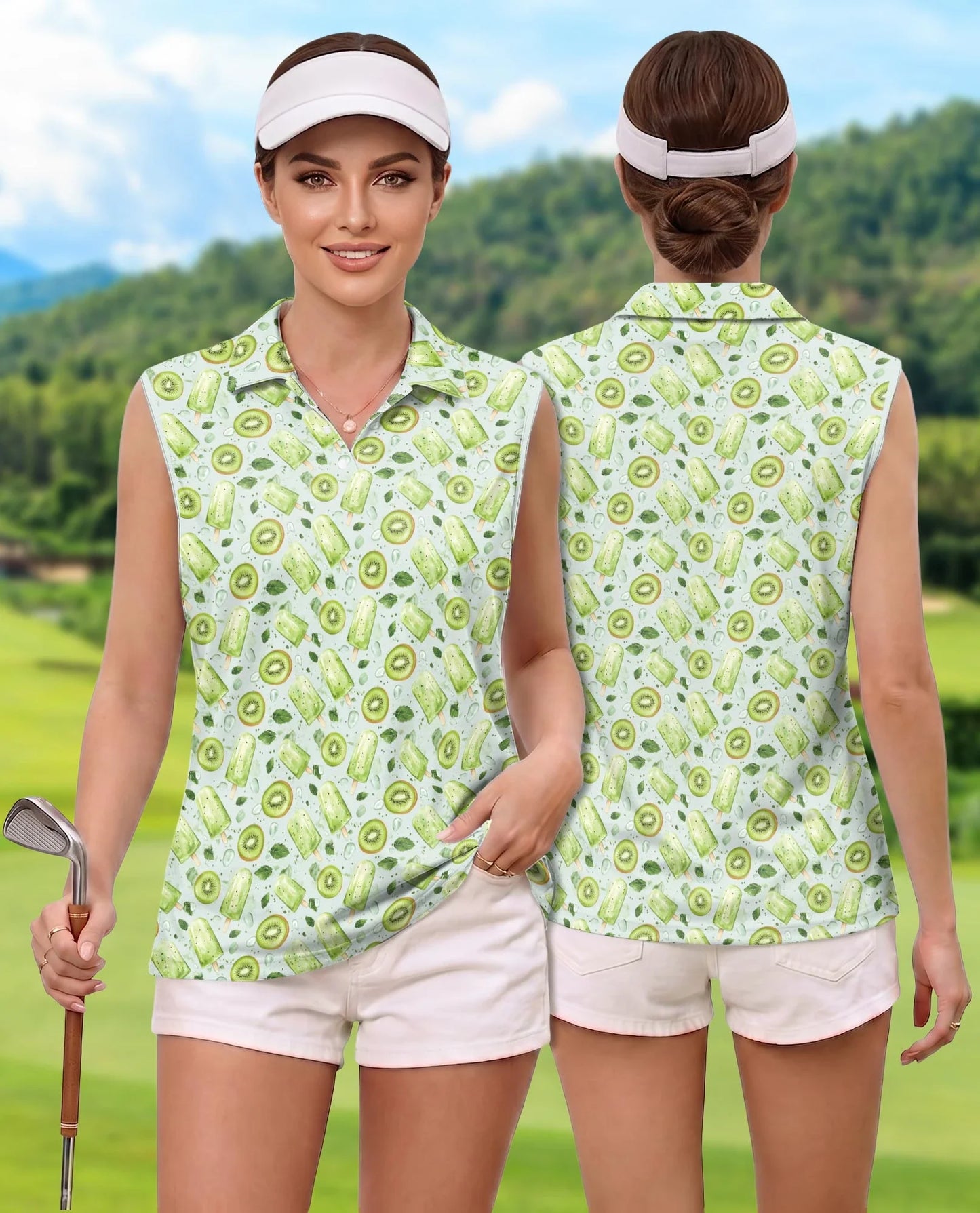 Kiwi Ice Cream Sleeveless Polo Shirt for Women, Cute Fruit Summer Style | Azhawaiian