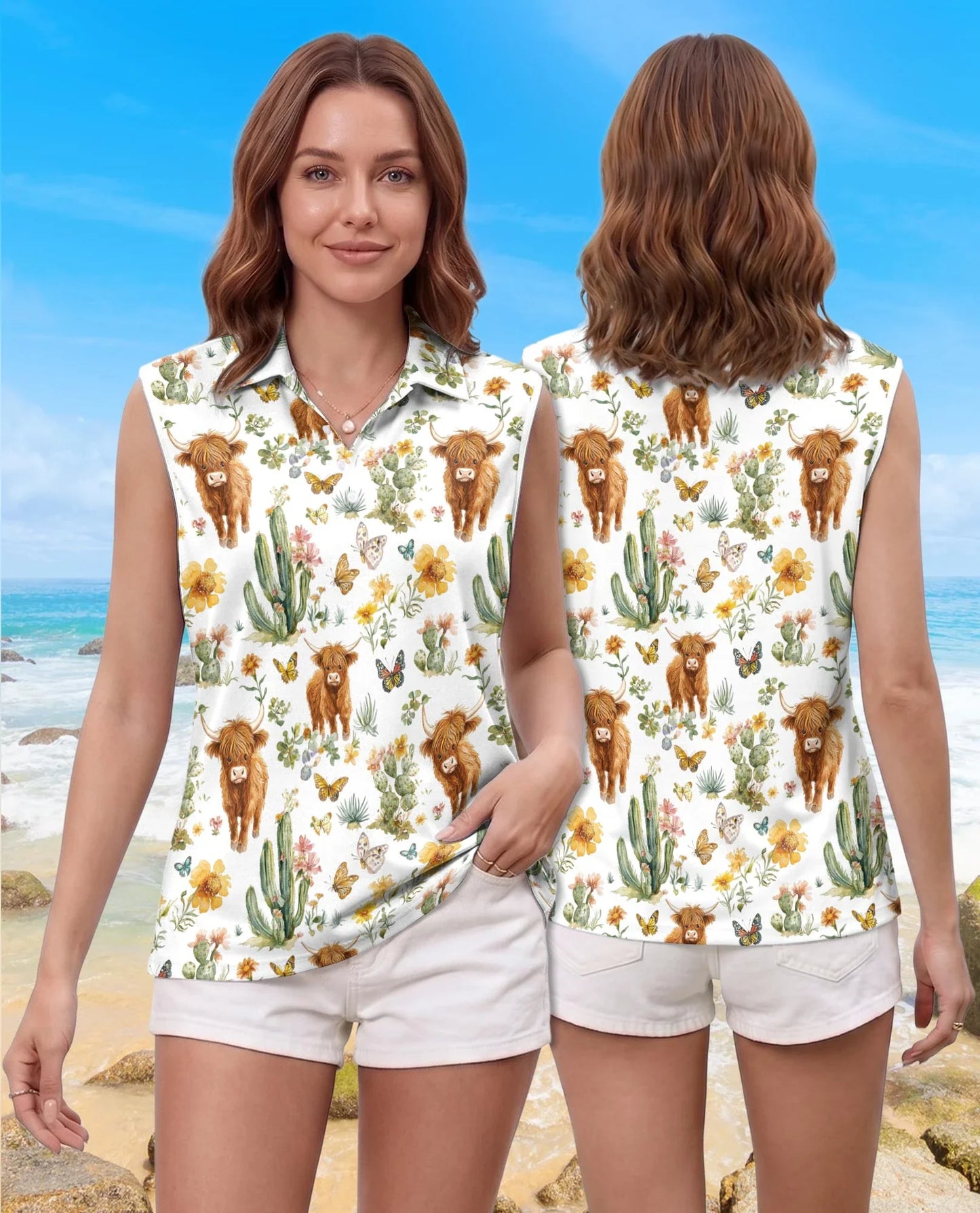 Cute Highland Cattle Sleeveless Polo Shirt for Women | Azhawaiian
