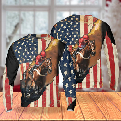 Brown Vintage American Flag Horse Racing Sweatshirt – Vintage 3D All Over Print Design