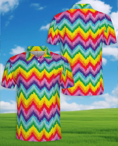 Rainbow Zigzag Polo Shirt for Men, Colorful Retro Style | Azhawaiian