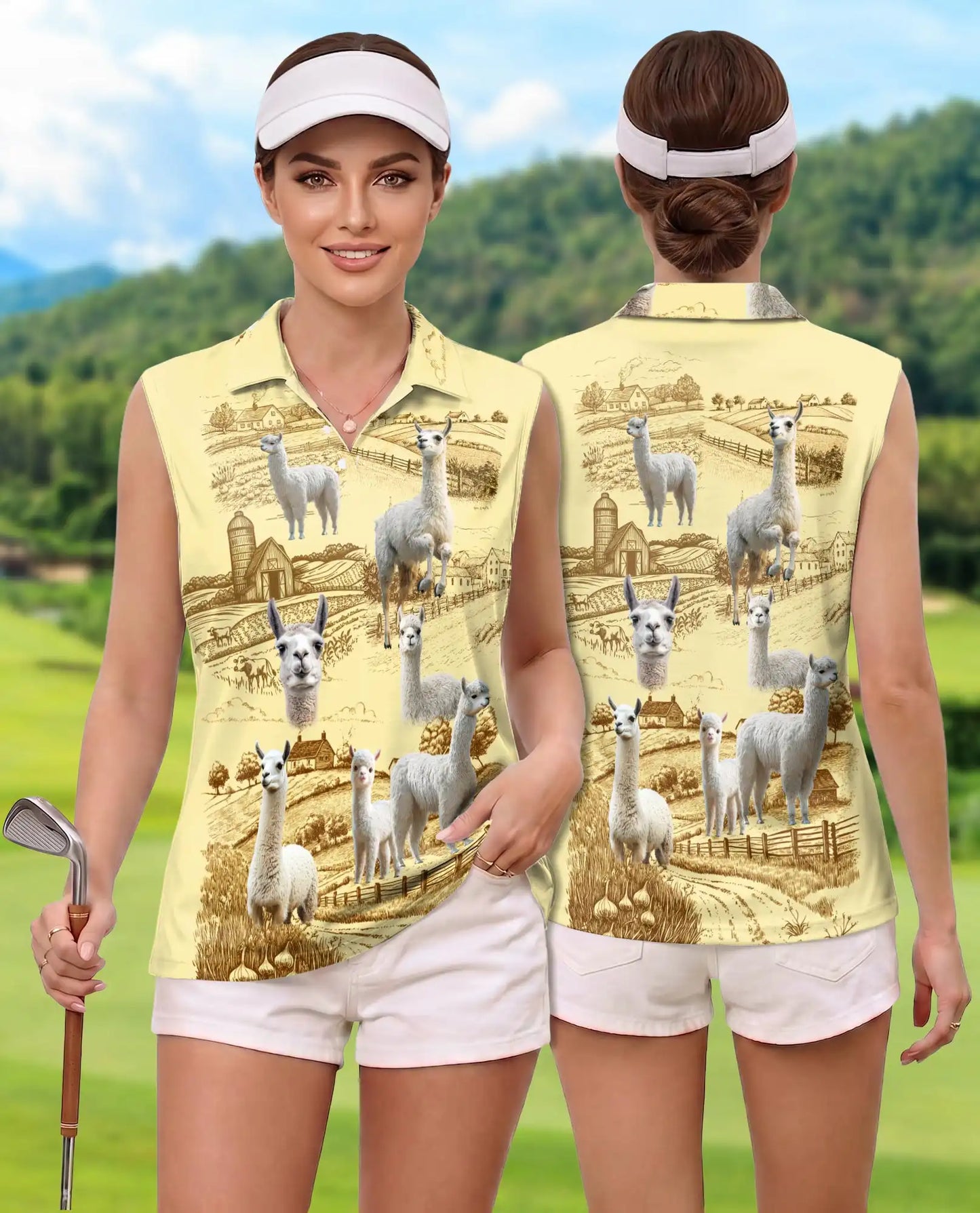 Llama Lovers Farm Sleeveless Polo Shirt for Women, Cute Farm Animal Style | Azhawaiian