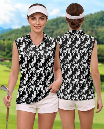 Black and White Floral Pattern Sleeveless Polo Shirt for Women | Azhawaiian
