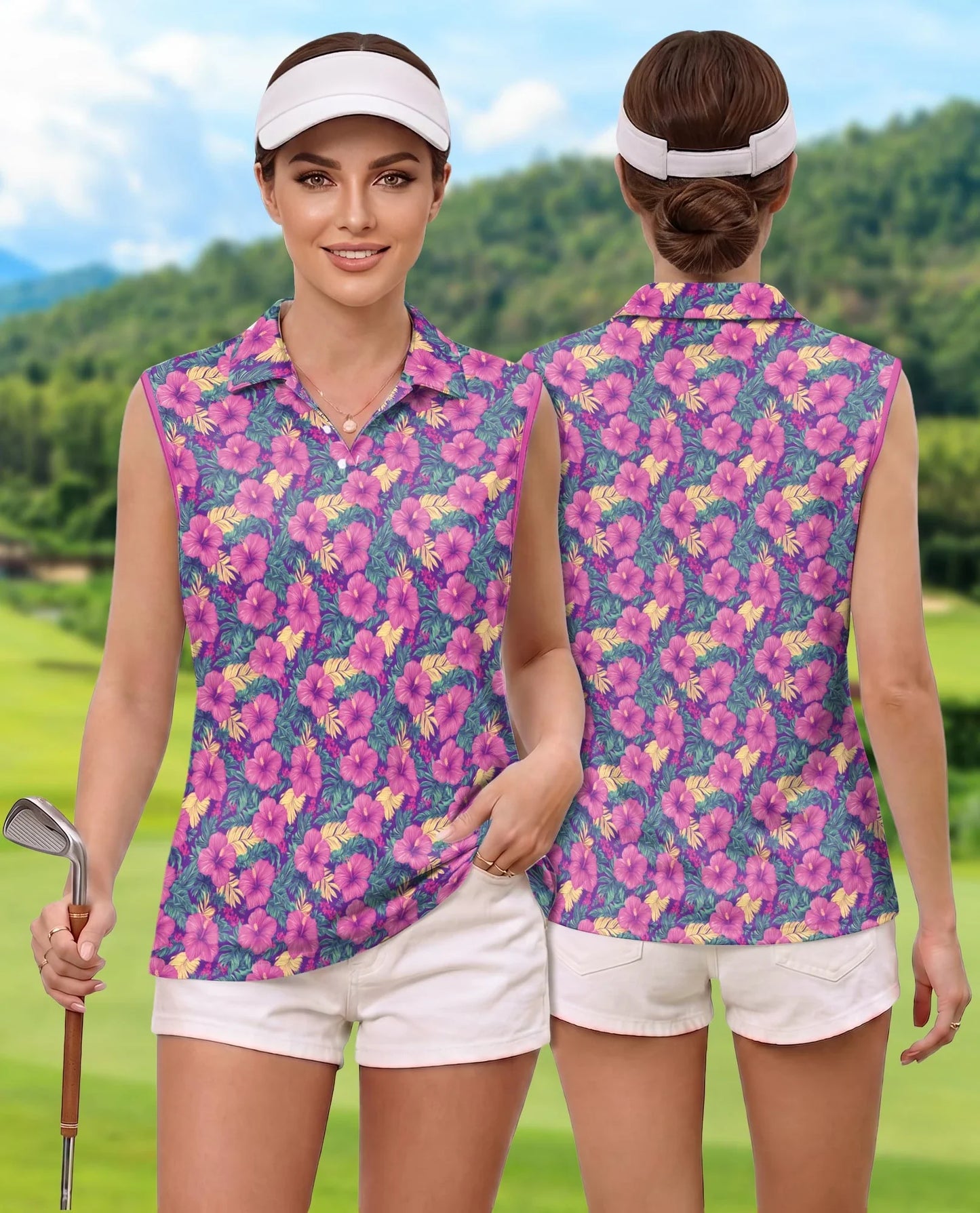 Tropical Hibiscus Purple Sleeveless Polo Shirt for Women | Azhawaiian