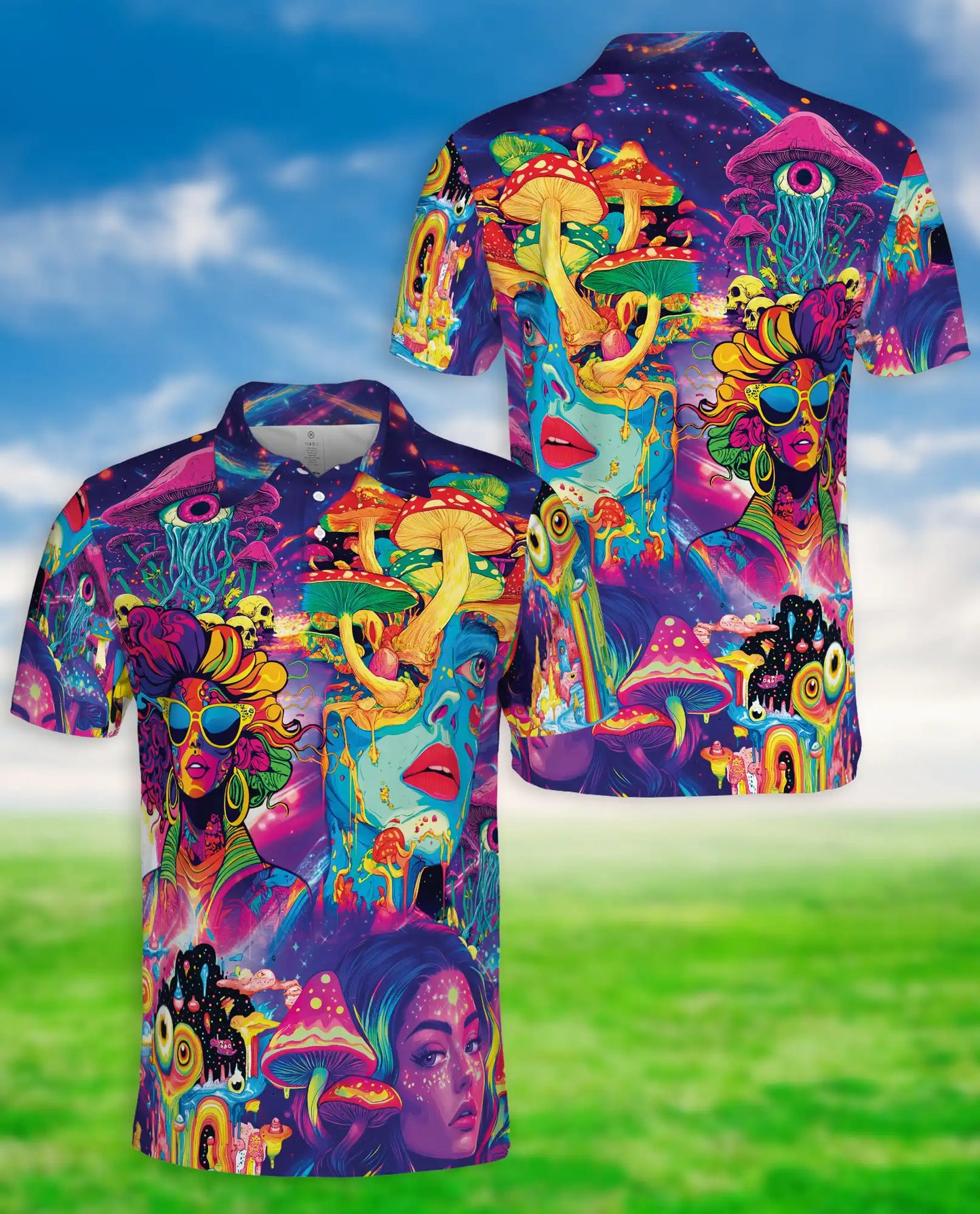 Psychedelic Mushroom Art 3D Polo Shirt for Men, Neon Trippy Fantasy Style | Azhawaiian