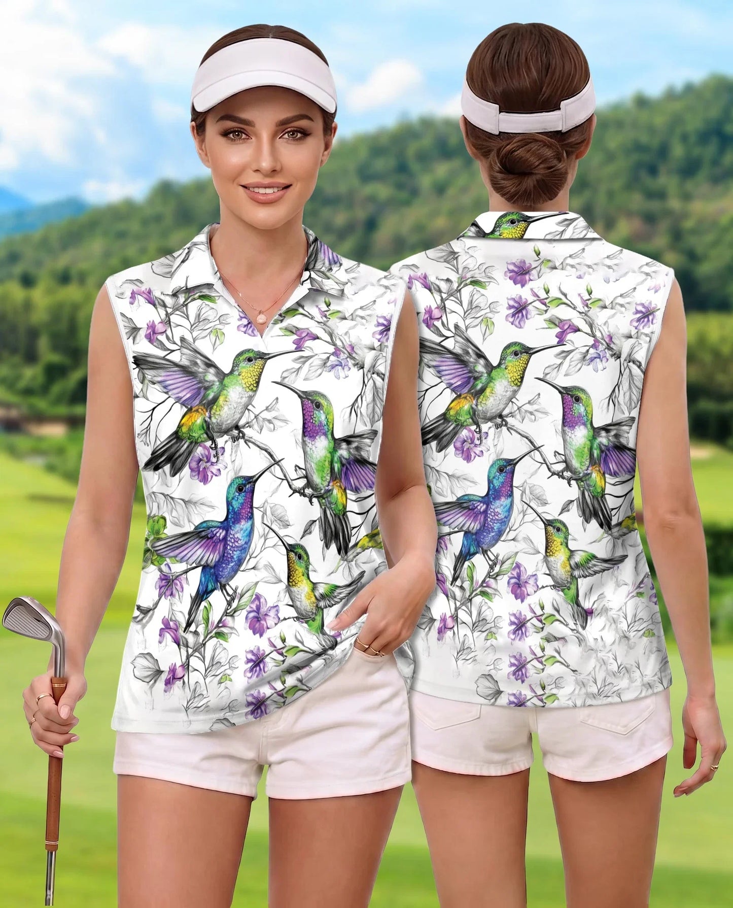 Vintage Hummingbirds Sleeveless Polo Shirt for Women | Azhawaiian