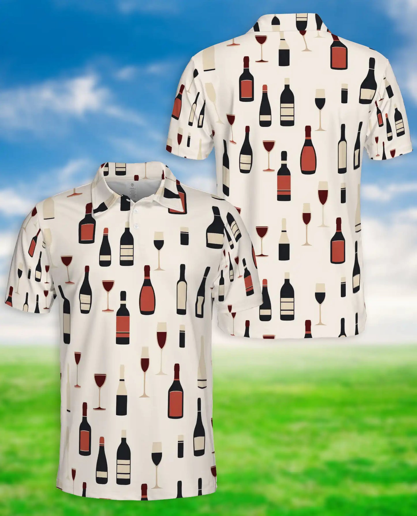 Wine Bottle Pattern 3D Polo Shirt for Men, Minimalist Vineyard Style | Azhawaiian