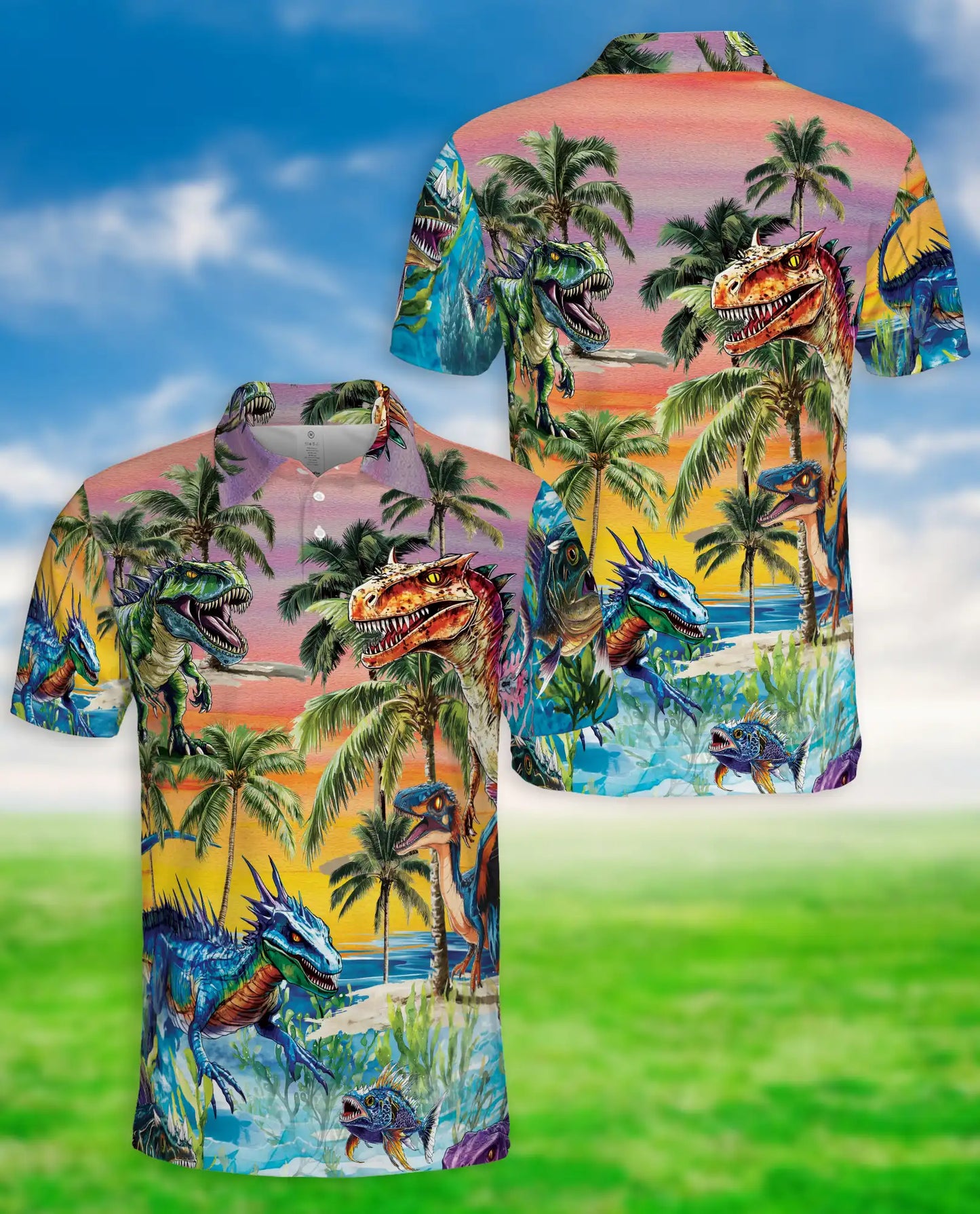 Dinosaur Tropical Polo Shirt, Prehistoric Beach Print | Azhawaiian