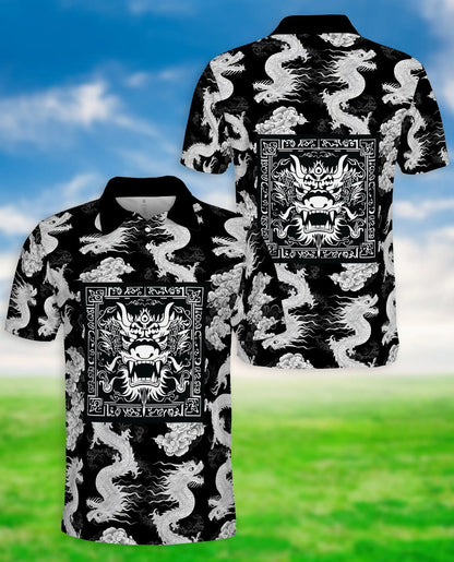 Black White Dragon 3D Polo Shirt for Men, Oriental Mythical Art Style | Azhawaiian
