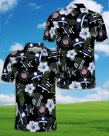 Police Thin Blue Line Polo Shirt - Tropical Floral Design | Azhawaiian
