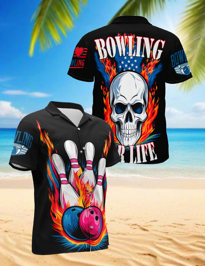 Bowling American Flag Hawaiian Shirt for Men, Button Down Aloha Shirt - Azhawaiian