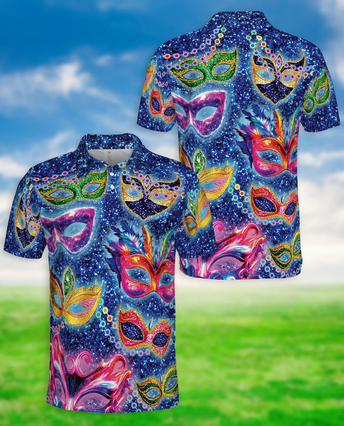 Masquerade Mask Polo Shirt, Carnival Fantasy Print | Azhawaiian