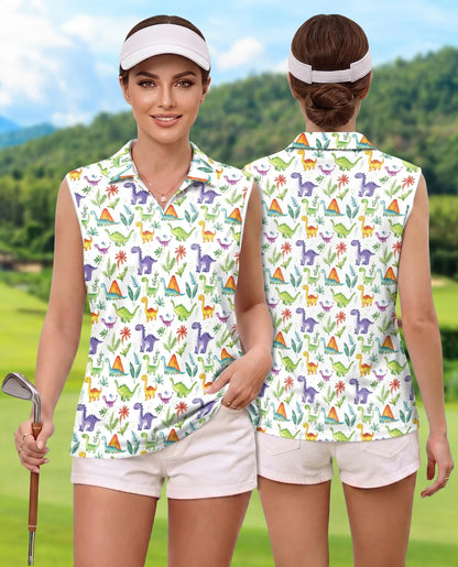 Dinosaur Tropical Sleeveless Polo Shirt for Women | Azhawaiian