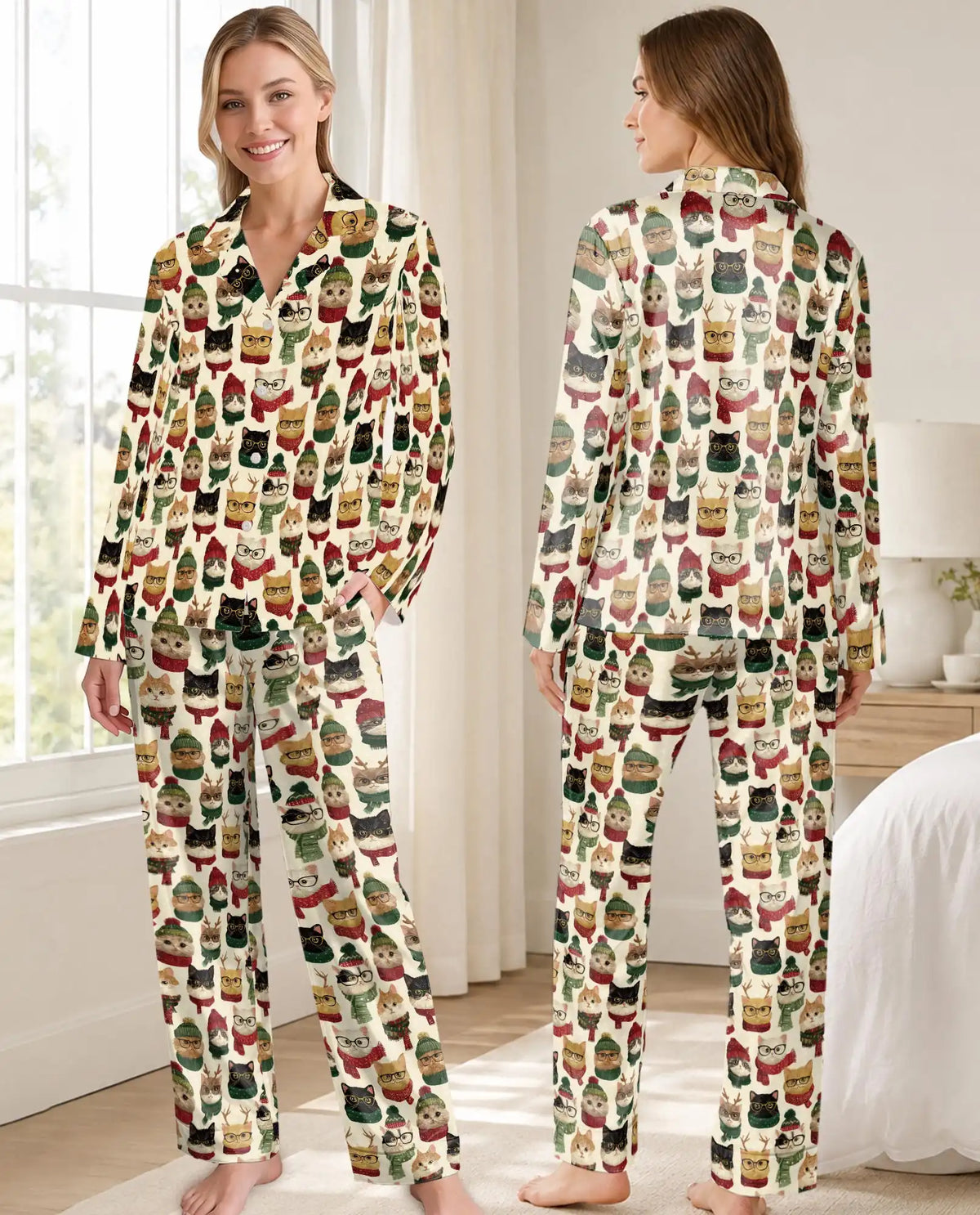 Christmas Cat Pajama Set for Women – Funny Cats with Glasses & Winter Hats Print