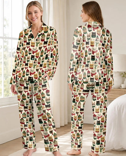 Christmas Cat Pajama Set for Women – Funny Cats with Glasses & Winter Hats Print