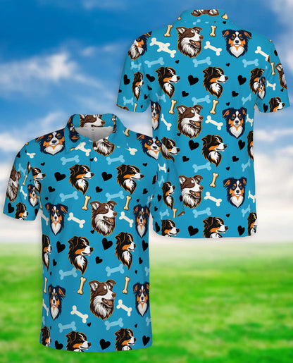 Australian Shepherd Dog Polo Shirt, Cute Blue Pet Print