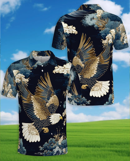 Japanese Eagle Polo Shirt for Men, Traditional Bird Art Style | Azhawaiian