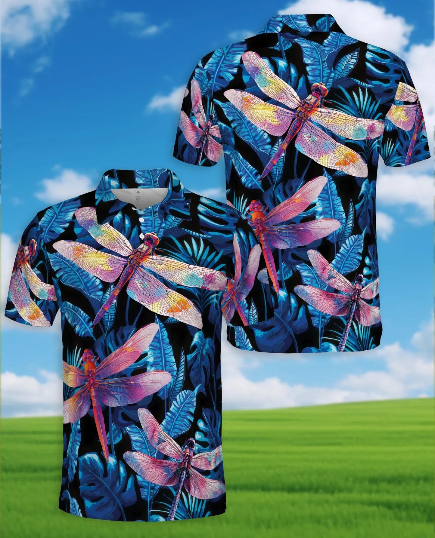 Dragonfly Blue Tropical Polo Shirt for Men, Island Nature Style | Azhawaiian