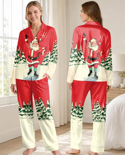 Ice Skating Santa Christmas Pajama Set for Women – Vintage Winter Print