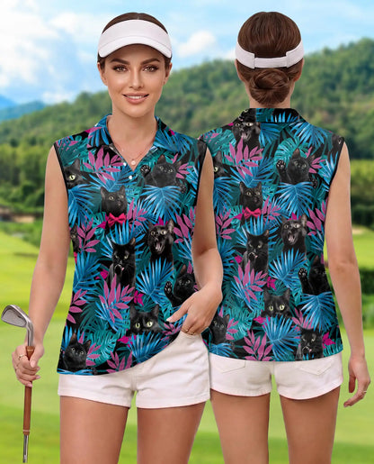 Black Cat Tropical Leaves Sleeveless Polo Shirt for Women| Azhawaiian