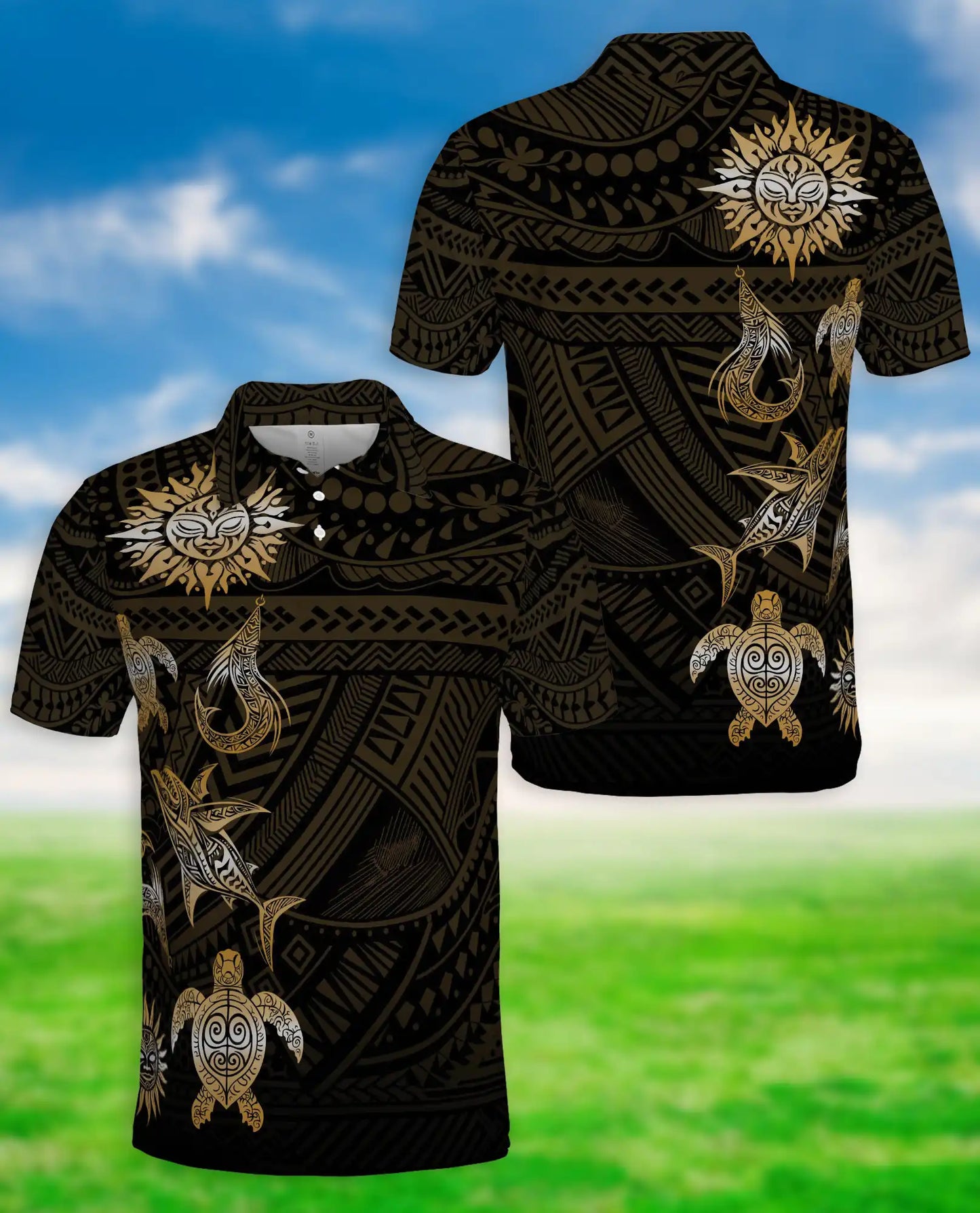 Polynesian Sea Turtle 3D Polo Shirt for Men, Tribal Ocean Style | Azhawaiian