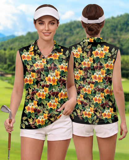 Wine Plumeria Floral Sleeveless Polo Shirt for Women, Tropical Elegant Style | Azhawaiian