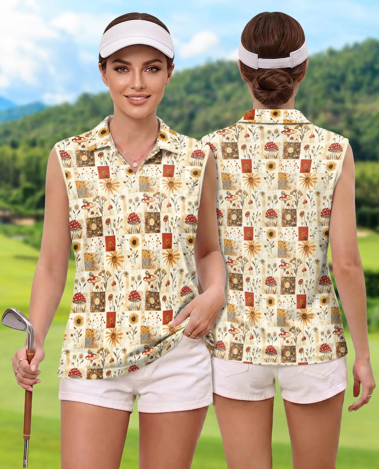 Vintage Mushroom Pattern Sleeveless Polo Shirt for Women, Nature Retro Style | Azhawaiian