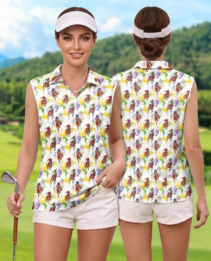 Horse Racing Pattern Sleeveless Polo Shirt for Women, Equestrian Sport Style | Azhawaiian