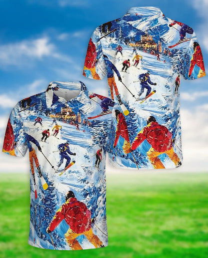 Ski Resort 3D Polo Shirt for Men, Winter Mountain Sports Adventure Style | Azhawaiian