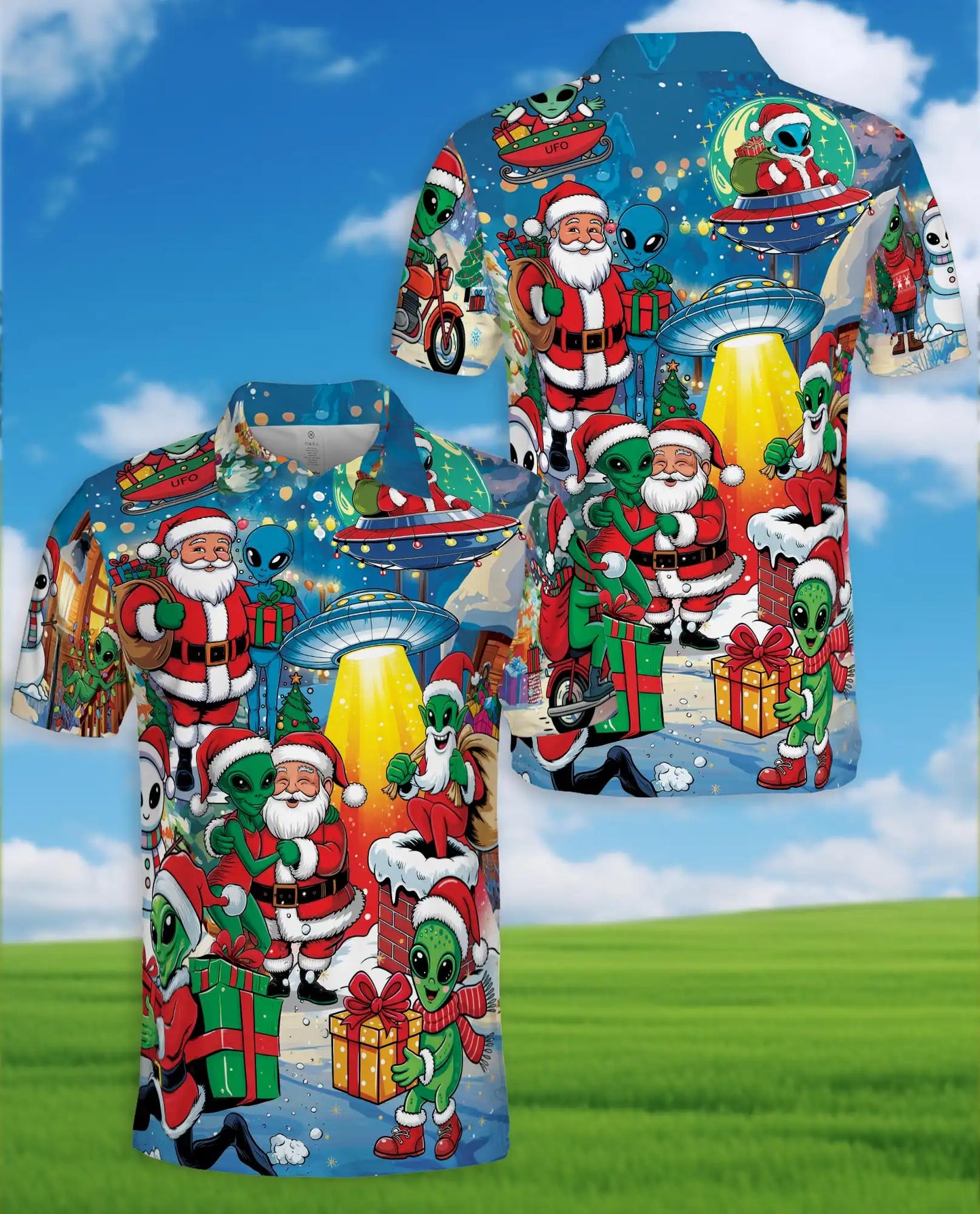 Funny Alien Santa 3D Polo Shirt for Men, Christmas UFO Galaxy Style | Azhawaiian