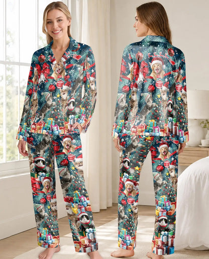 Christmas Kittens Pajama Set for Women – Festive Cats & Gift Boxes Print