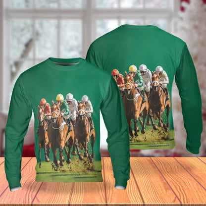 Green Horse Racing Sweatshirt – Colorful Graphic 3D All Over Print Design