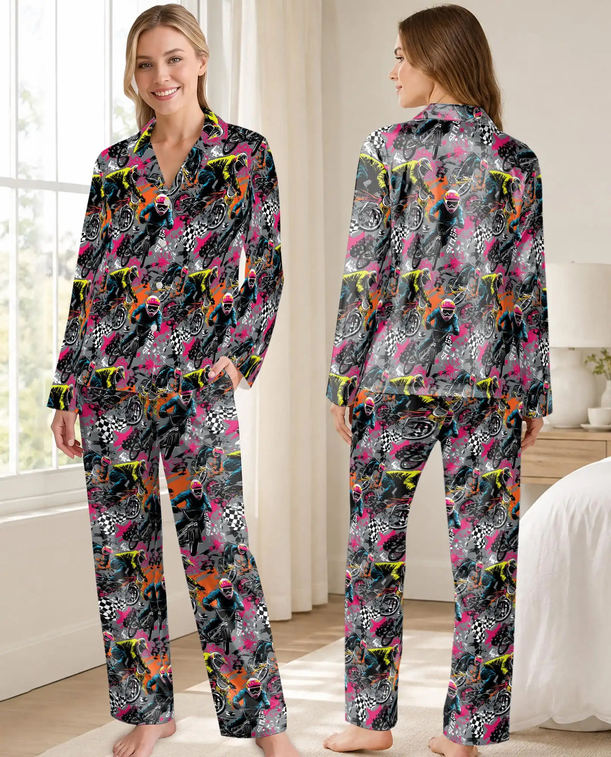 Motocross Dirt Bike Pajama Set for Women – Neon Graffiti Racing Print