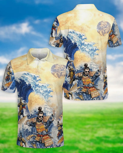 Japanese Samurai Wave 3D Polo Shirt for Men, Great Ocean Warrior Art Style | Azhawaiian
