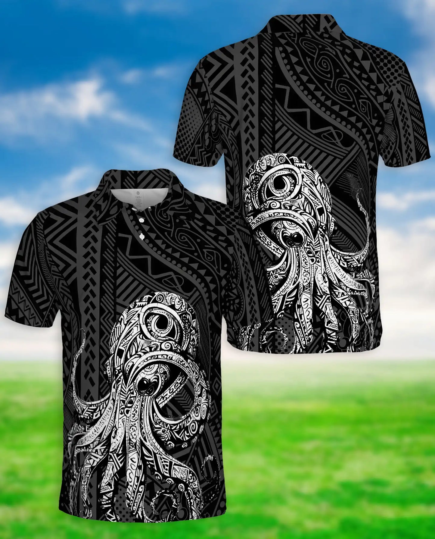 Tribal Octopus Polynesian 3D Polo Shirt for Men, Ocean Tattoo Island Style | Azhawaiian