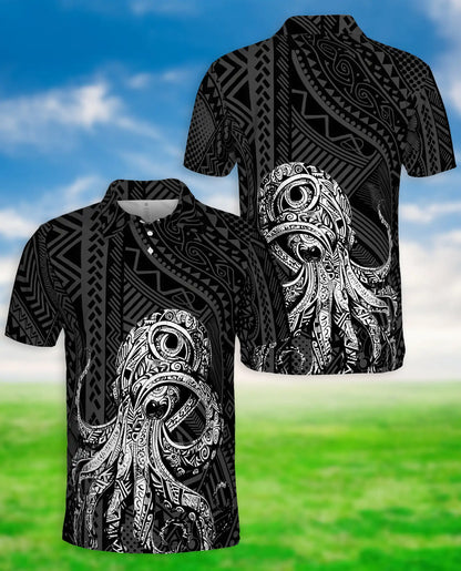 Tribal Octopus Polynesian 3D Polo Shirt for Men, Ocean Tattoo Island Style | Azhawaiian