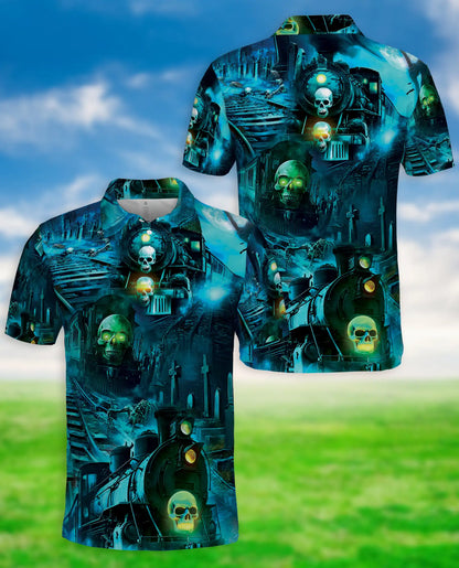Haunted Ghost Train Skull Hawaiian Polo Shirt for Men-Gothic Horror Shirt | Azhawaiian